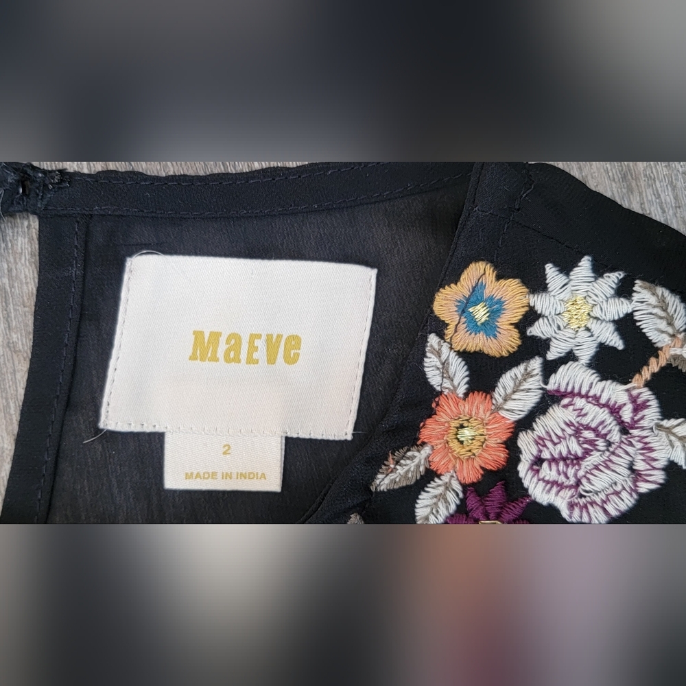 Anthropologie Maeve Anfisa Floral Embroidered Chiffon Mini Dress Womens 2 Black - Picture 7 of 16